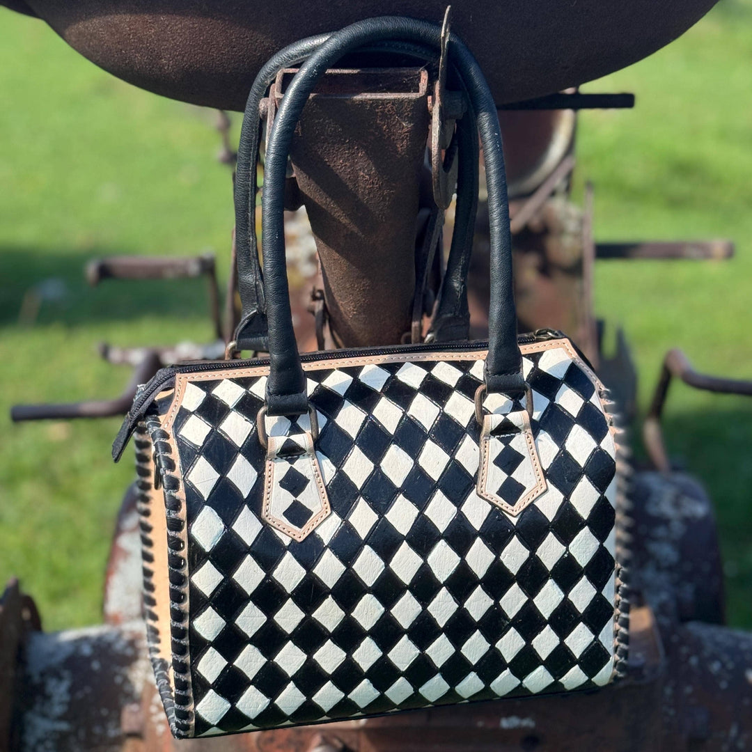 Black and White Speedy Checkered Genuine Western Cowhide Leather Purse Double B Wild Rags