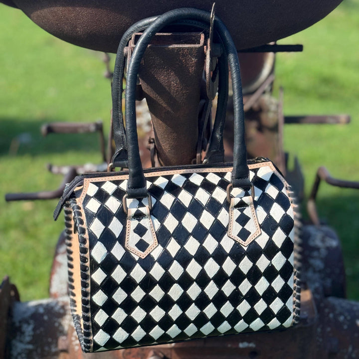 Black and White Speedy Checkered Genuine Western Cowhide Leather Purse Double B Wild Rags