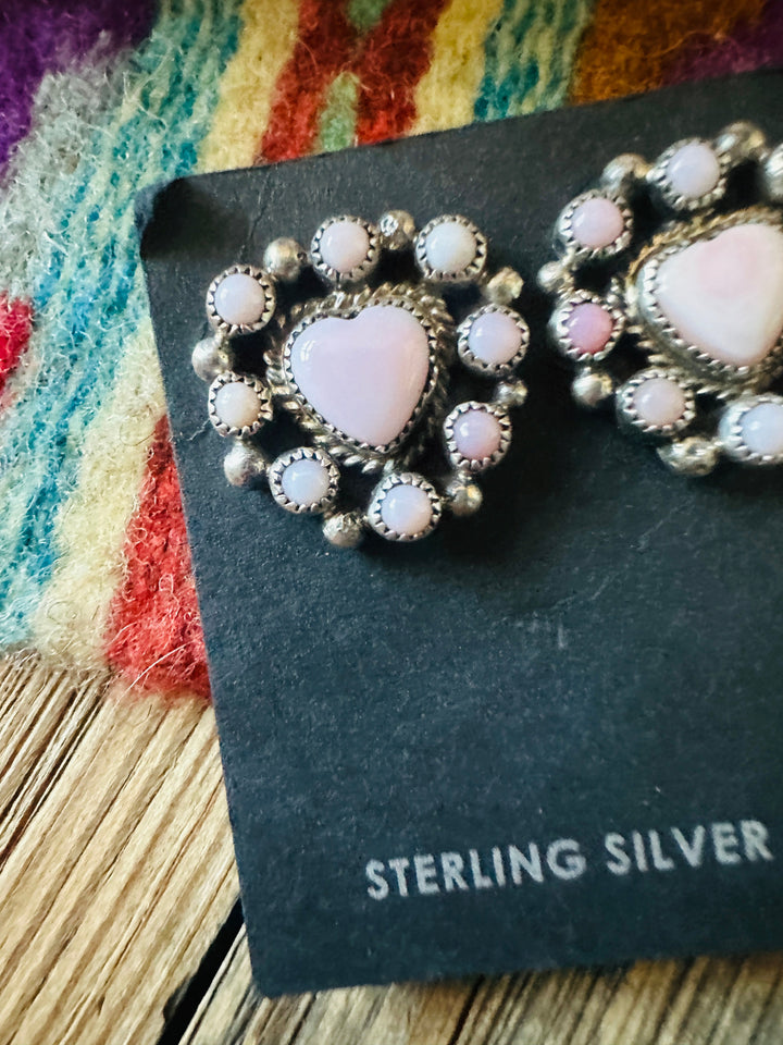 Handcrafted Queen Pink Conch & Sterling Silver Cluster Heart Post Earrings