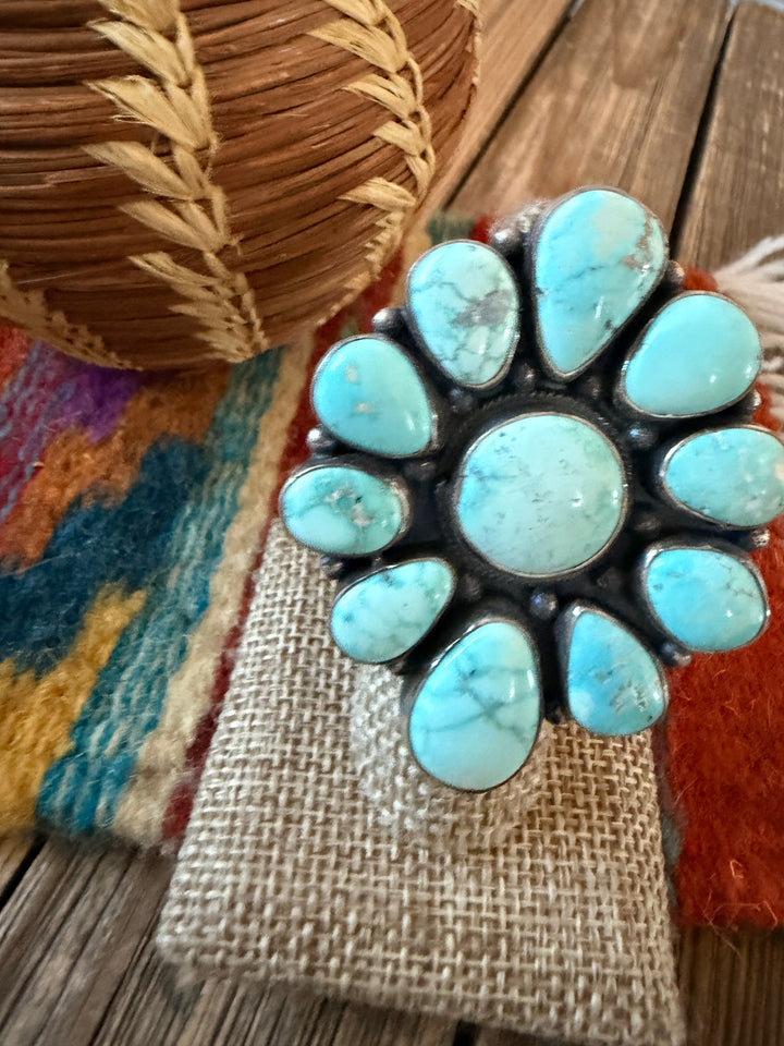 Handcrafted Carico Lake Turquoise & Sterling Silver Cluster Ring -Size 8.75 by Sheila Becenti Nizhoni Traders LLC