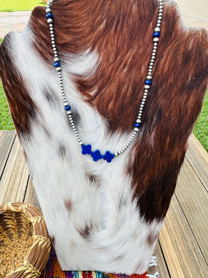 Handcrafted Lapis & Sterling Silver Pearl Cross Beaded Necklace Nizhoni Traders LLC