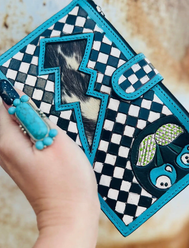 Turquoise Electric Rodeo Checkers Long Wallet Neon Spur