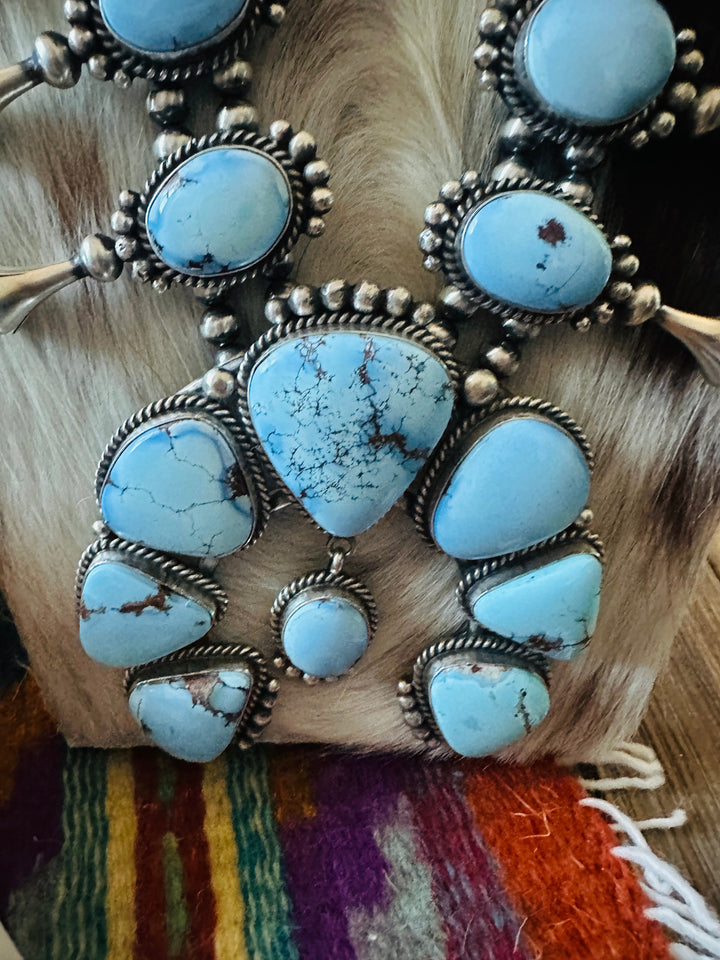 Handcrafted Golden Hills Turquoise & Sterling Silver Squash Blossom Necklace and Earring Set by Mary Ann Spencer