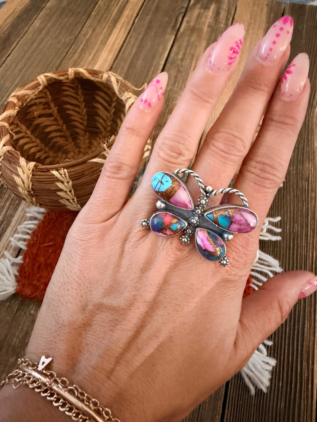 Handcrafted Pink Dream Mojave & Sterling Silver Adjustable Butterfly Ring Nizhoni Traders LLC