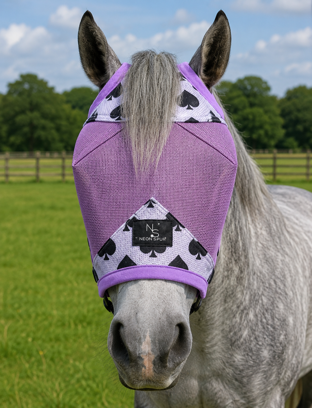 Smokin Spades Fly Mask - Lilac Mesh - Full Size Neon Spur