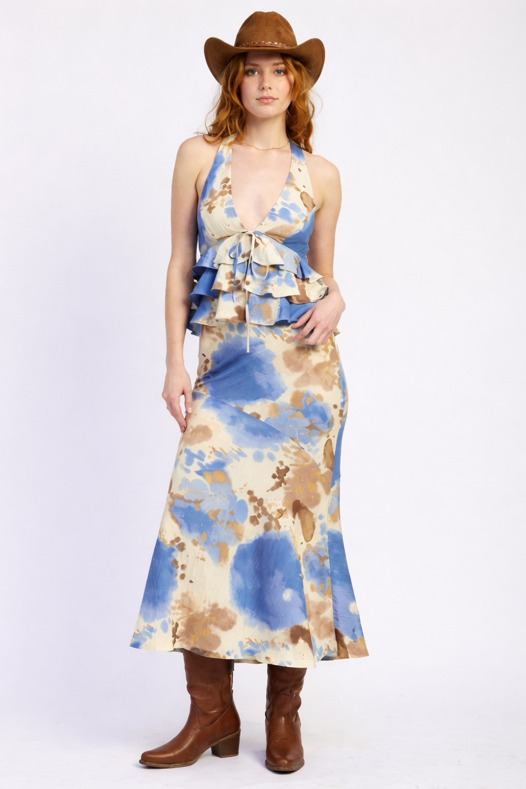 Blue Prarie Front Tie Tiered Halter Too