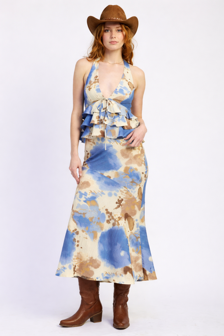 Blue Prarie Front Tie Tiered Halter Too