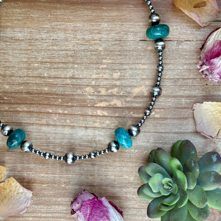 18.5” Turquoise & Sterling Silver Pearls Necklace