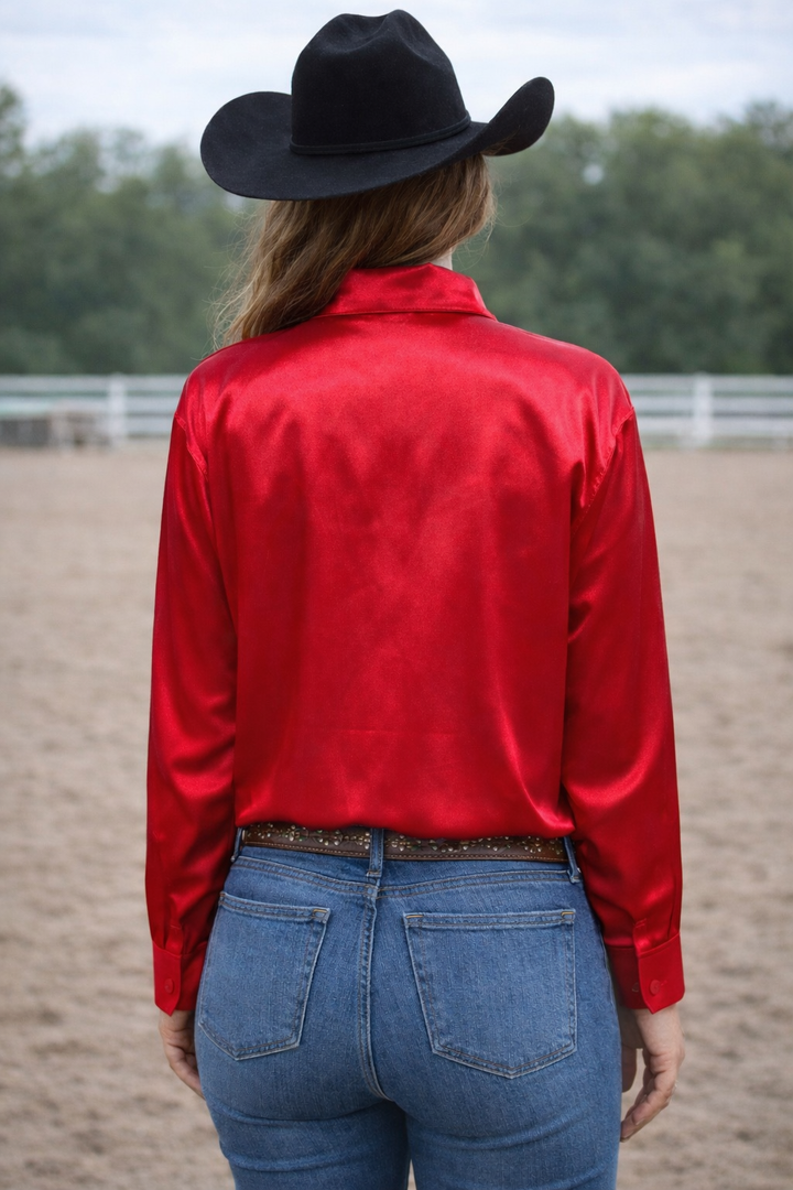 Neon Spur Embroidered Logo Satin Button Up Rodeo Shirt -Red