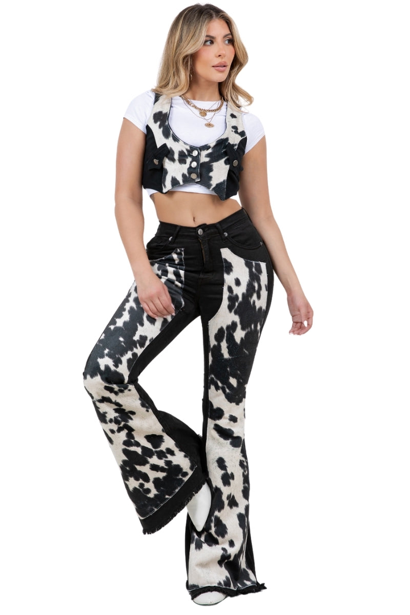Rodeo Faux Cowhide Chap Panel Bell Bottom Jeans -Black Denim GJG DENIM