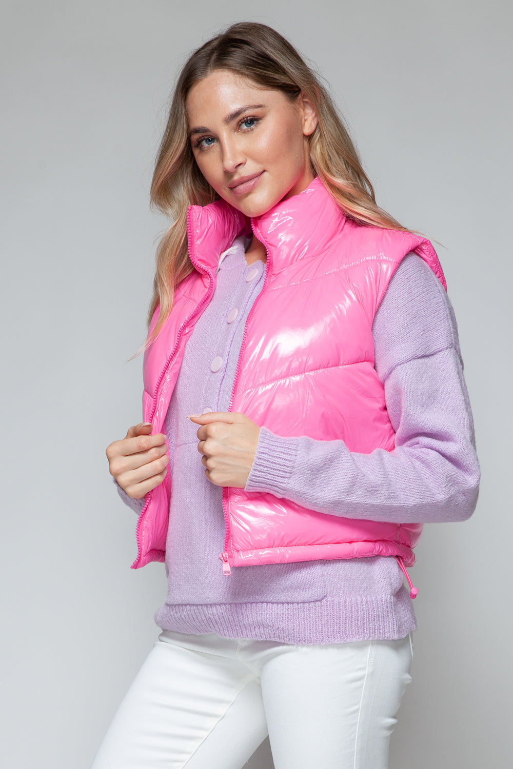 Shiny Neon Pink Zip Up Turtleneck Quilted Vest