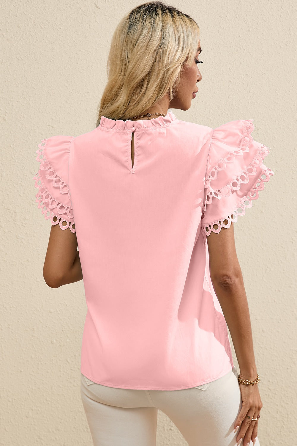 Ruffled Eyelet High Neck Cap Sleeve Blouse