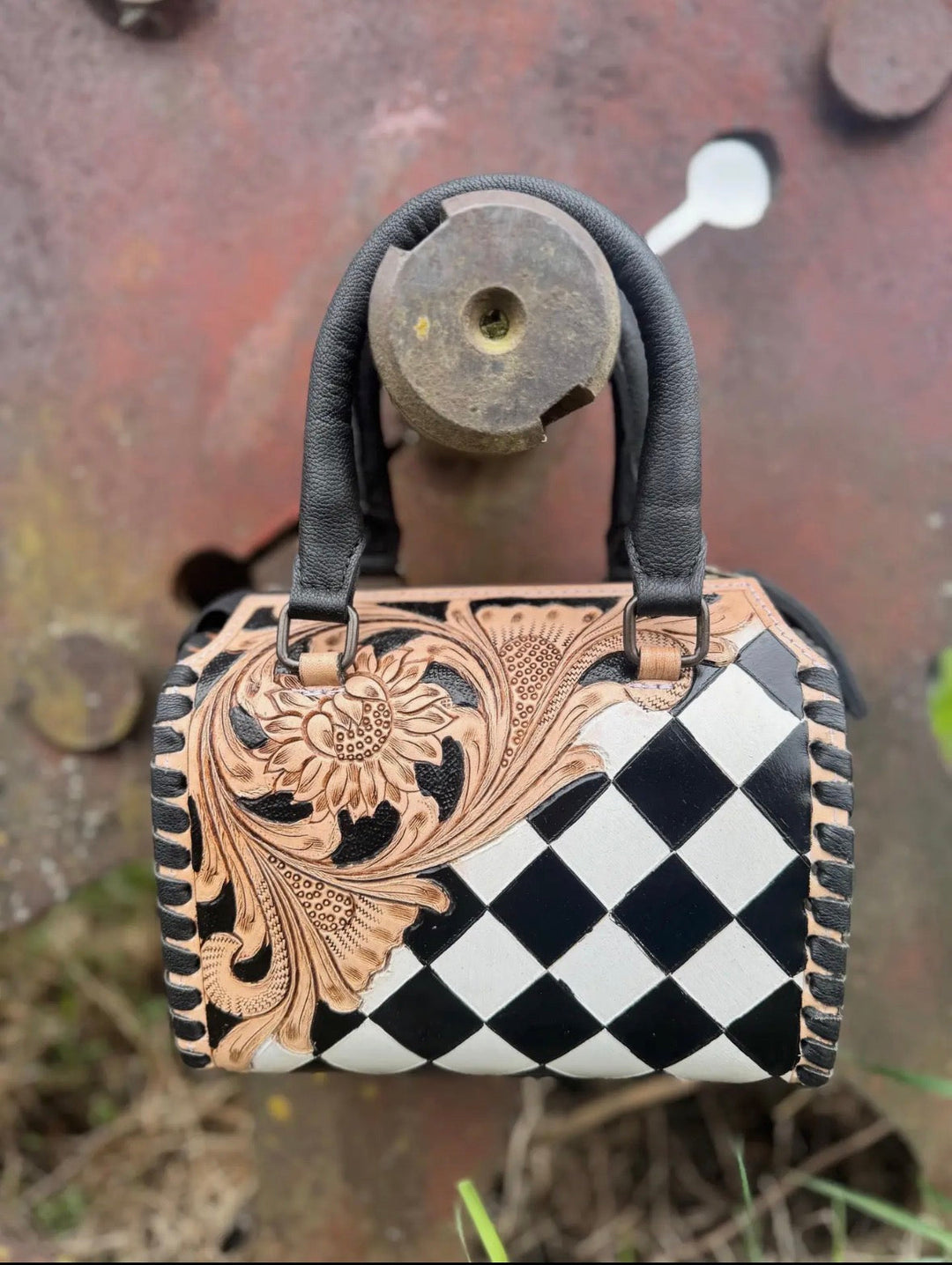 Tooled Leather Midnight Rhinestone Stud Checkered Speedy Bag Neon Spur