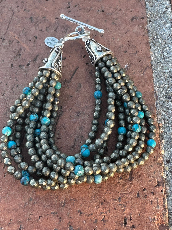 Paige Wallace Handmade Pyrite, Turquoise & Sterling Silver Beaded 8 Strand Bracelet