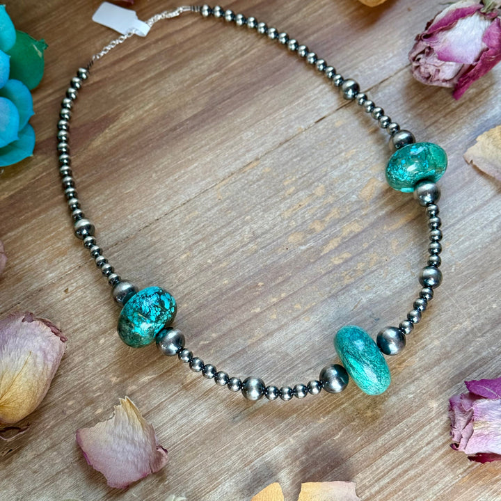 20” Turquoise Rondelle Necklace – Sterling Silver Pearls