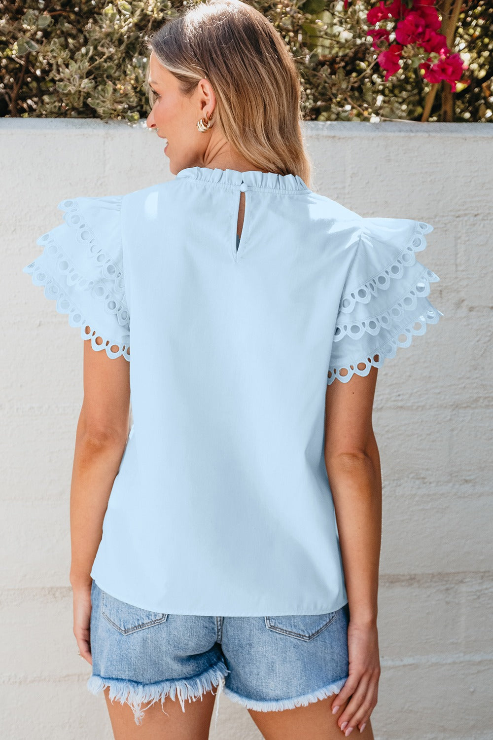 Ruffled Eyelet High Neck Cap Sleeve Blouse