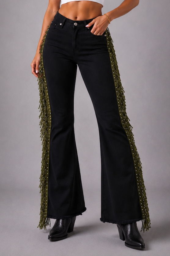 Texas Sun Olive Fringe Bell Bottom Jeans GJG DENIM