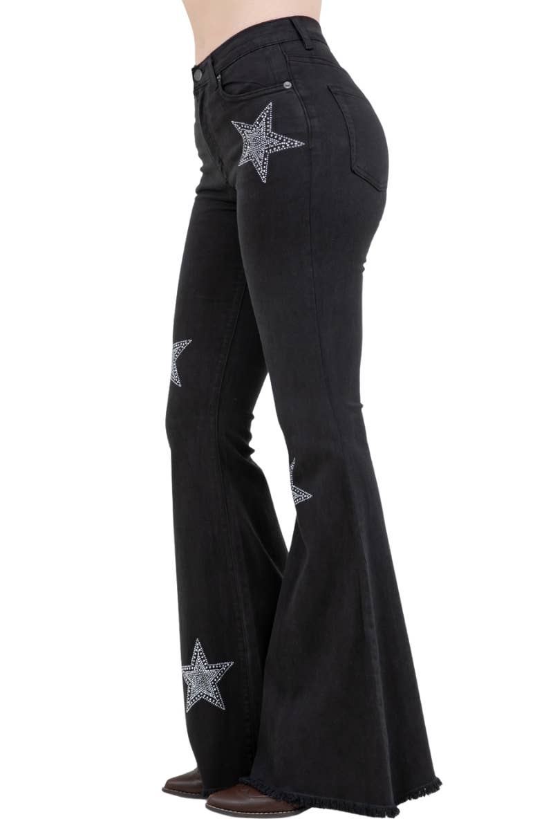 Black Denim Star Rhinestone Bell Bottom Jeans -32” Inseam GJG Denim