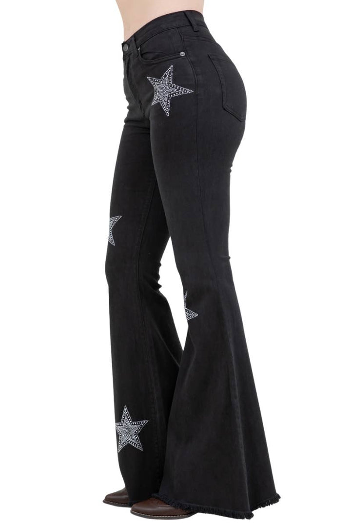 Black Denim Star Rhinestone Bell Bottom Jeans -32” Inseam GJG Denim