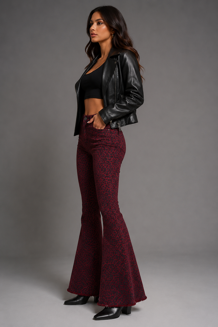 Burgundy Leopard Print Bell Bottom Jeans GJG DENIM