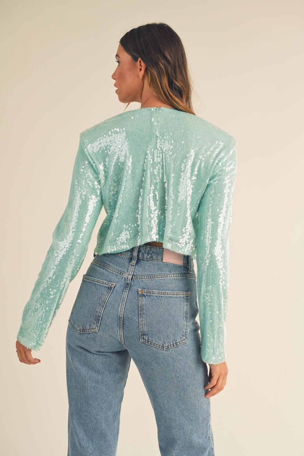 Minted Shoulder Padded Sequin Crop Top