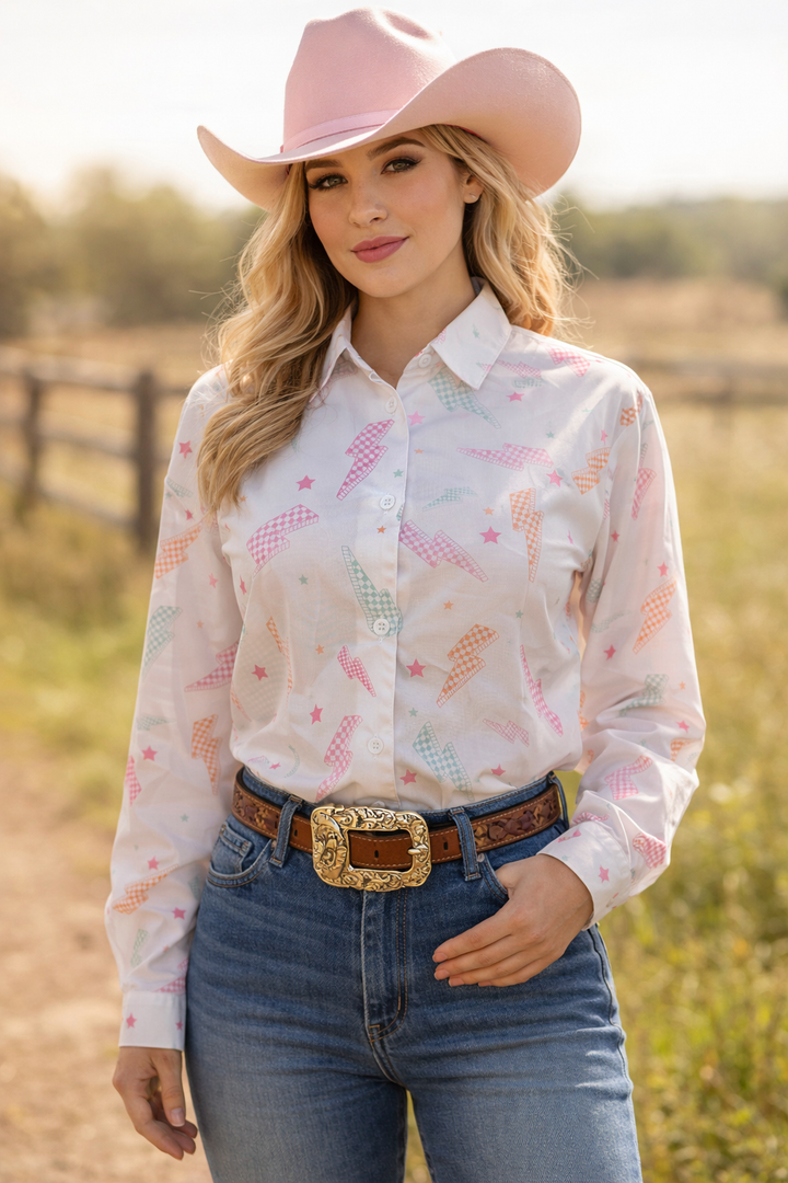Plaid Lightning Button-Up Rodeo Shirt Blouse