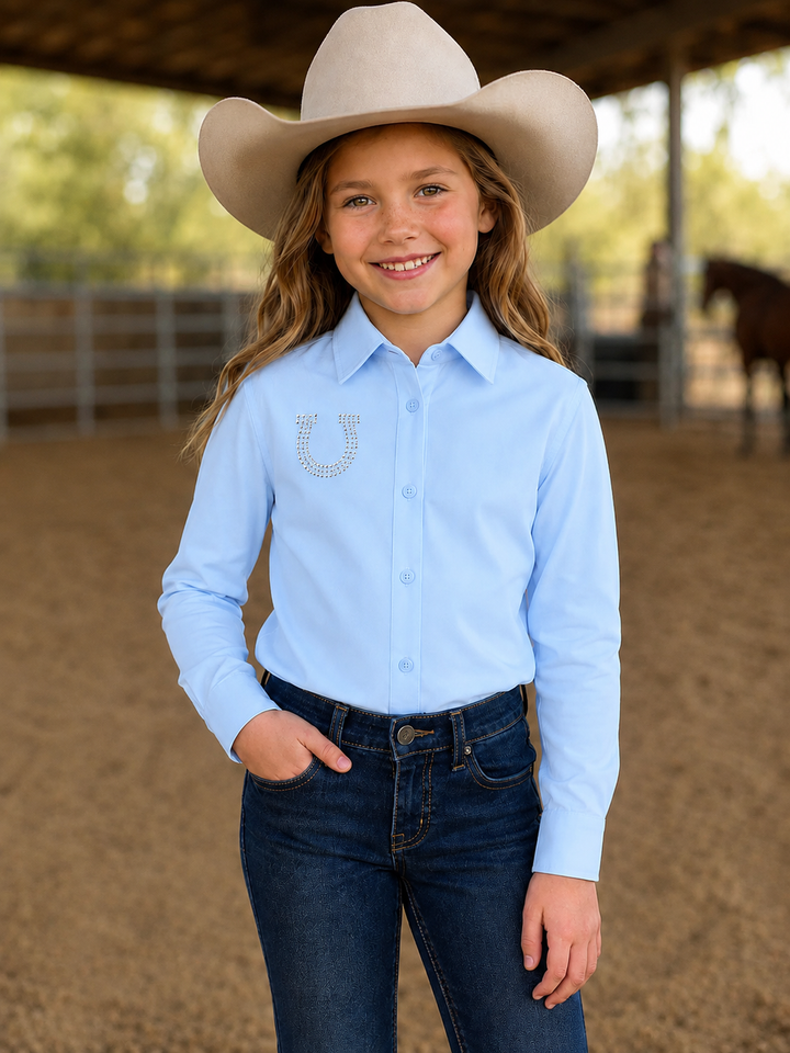 Lucky Charm Rhinestone Horseshoe Girls Button Up Rodeo Shirt Blouse -Light Blue Neon Spur