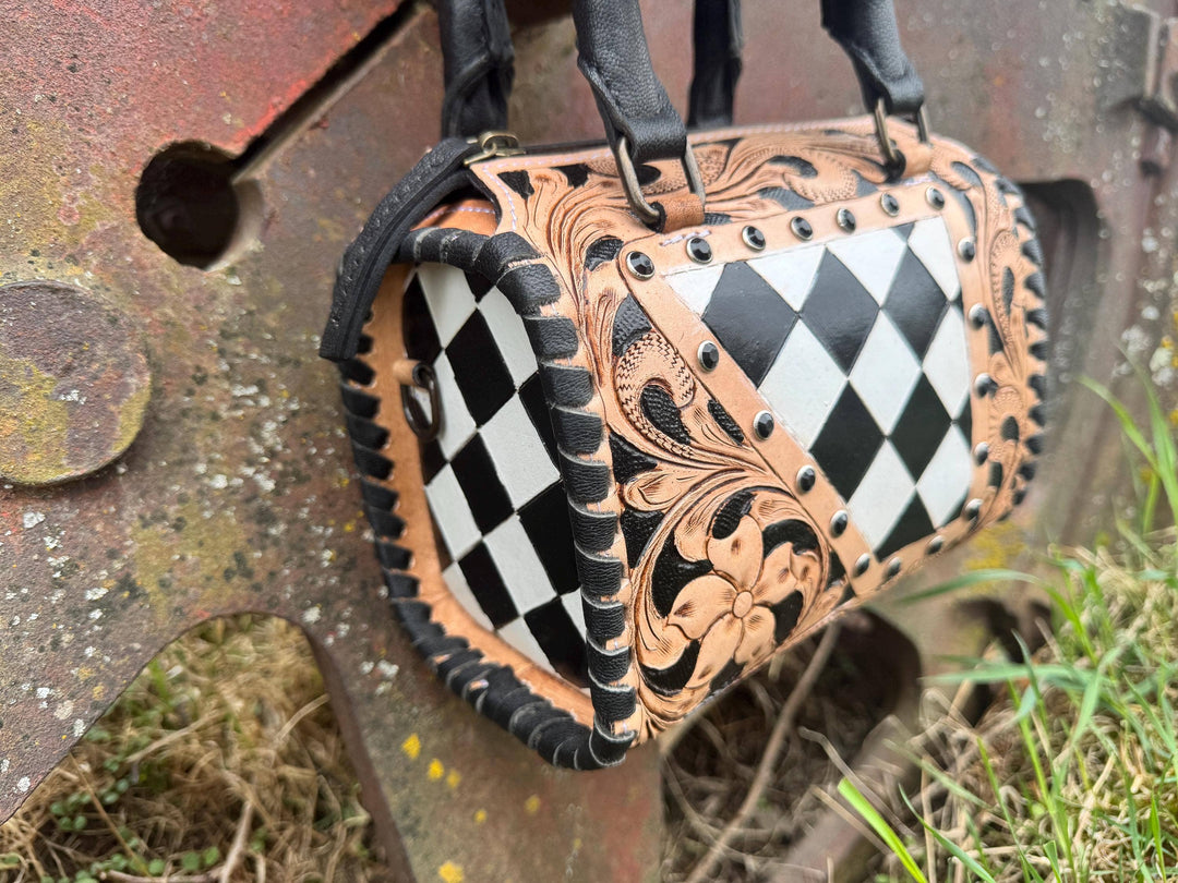 Tooled Leather Western Black and White Checkered Speedy Bag Double B Wild Rags