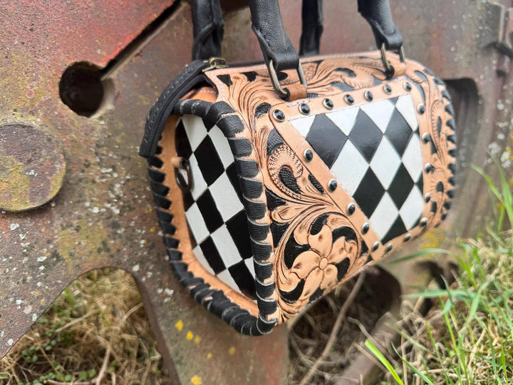 Tooled Leather Western Black and White Checkered Speedy Bag Double B Wild Rags