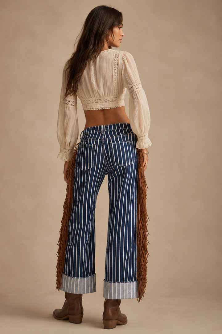 Whiskey Trail Striped Fringe Wide Leg Cuffed Jeans -Dark Wash GJG DENIM