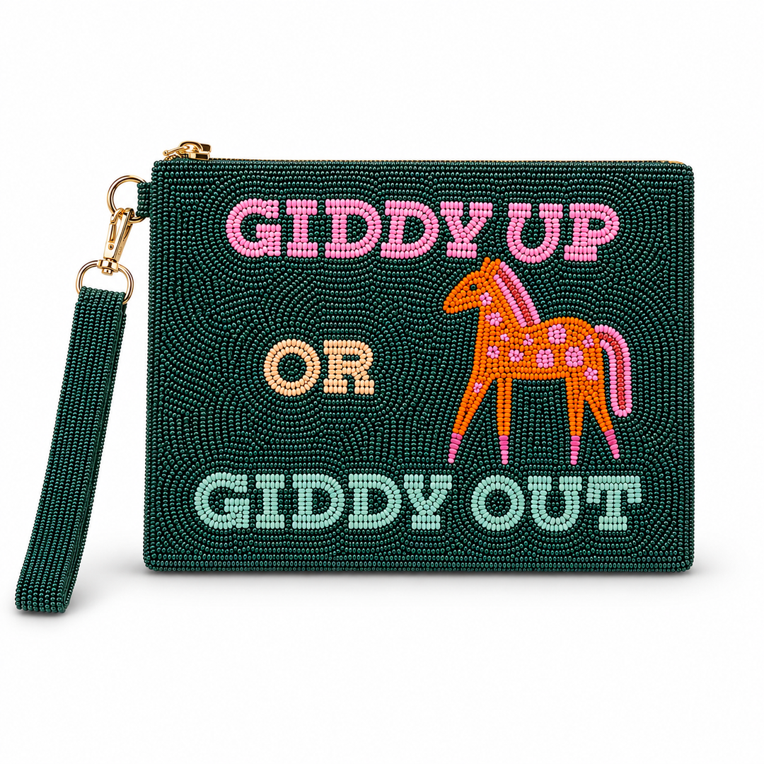 Giddy Up or Giddy Out Medium Beaded Pouch Tucker Tweed Equestrian
