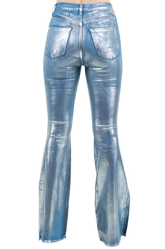 High Rise Metallic Blue Bell Bottom Jean -32" Inseam