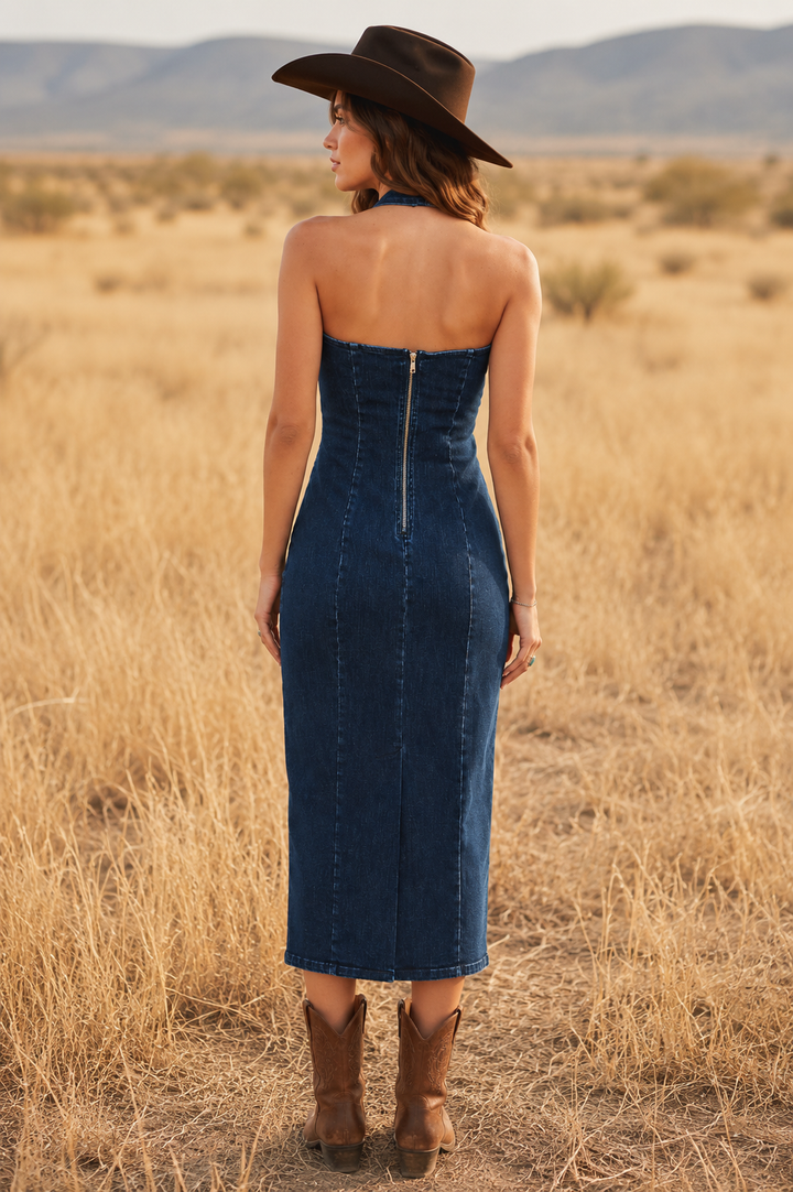 Statement Denim Midi Dress Flying Tomato
