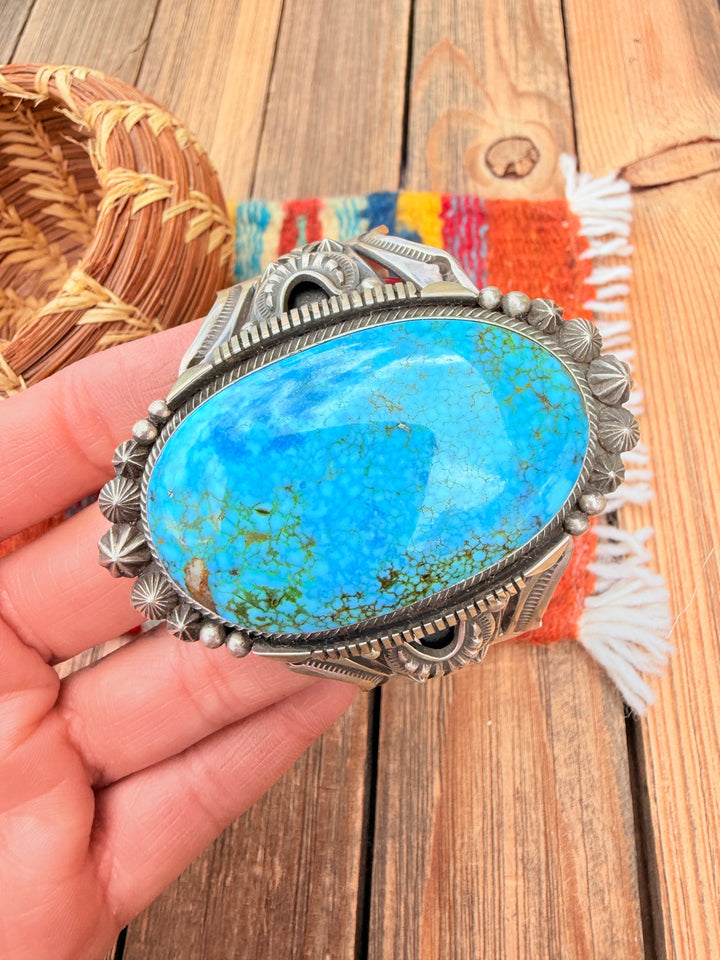 Handcrafted Kingman Web Turquoise & Sterling Silver Cuff Bracelet By Aaron Toadlena
