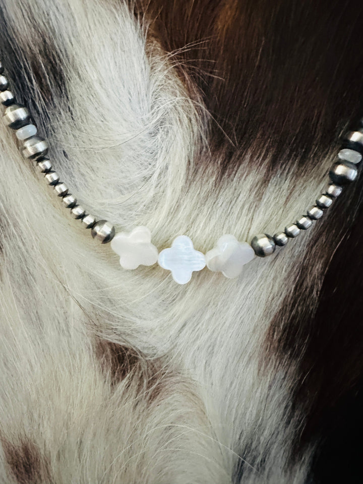 Handcrafted Mother of Pearl & Sterling Silver Pearl 18” Cross Beaded Necklace Nizhoni Traders LLC