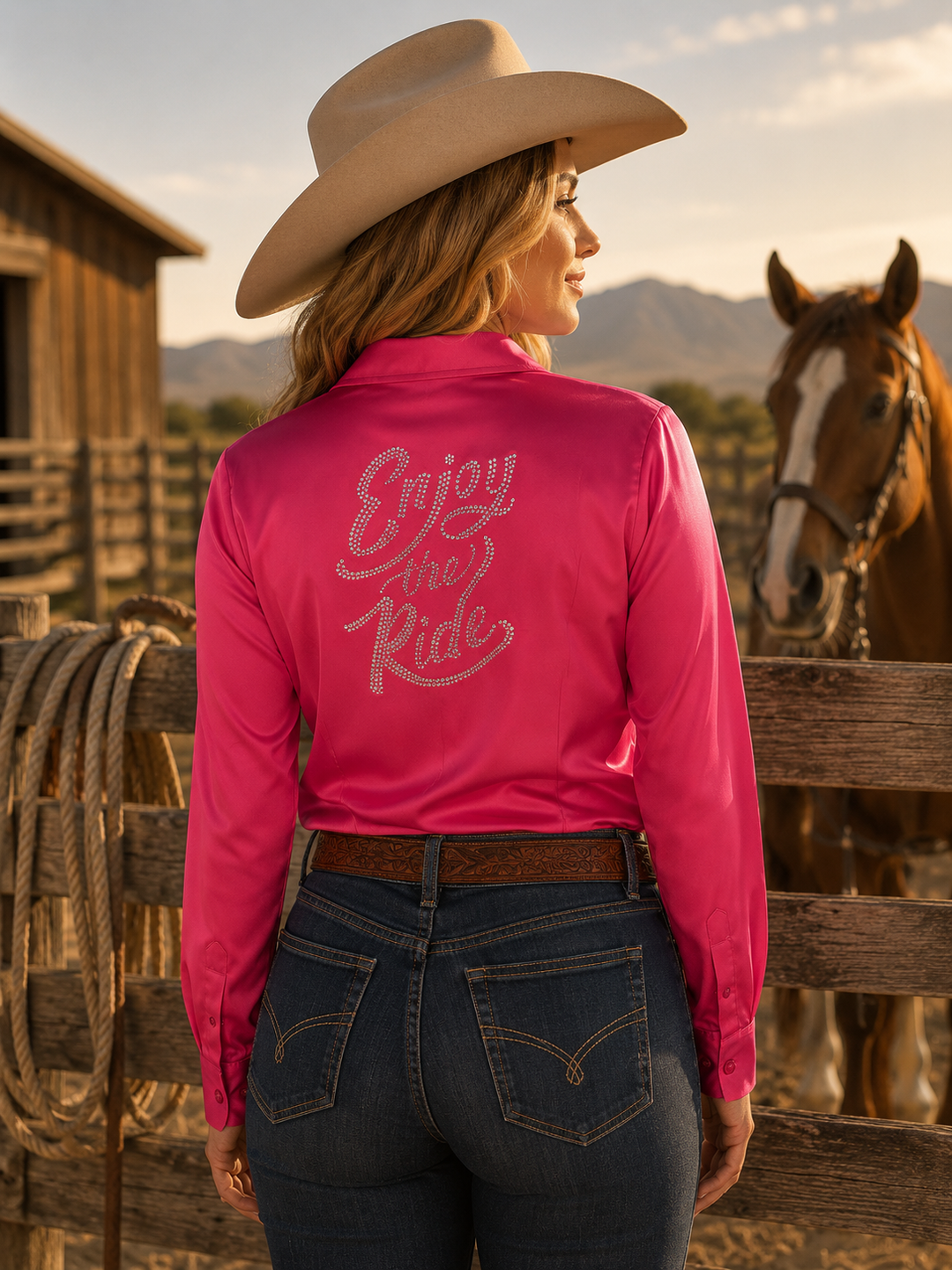 “Enjoy The Ride” Rhinestone Crystal Matte Satin Button Up Rodeo Shirt Blouse - Watermelon Neon Spur