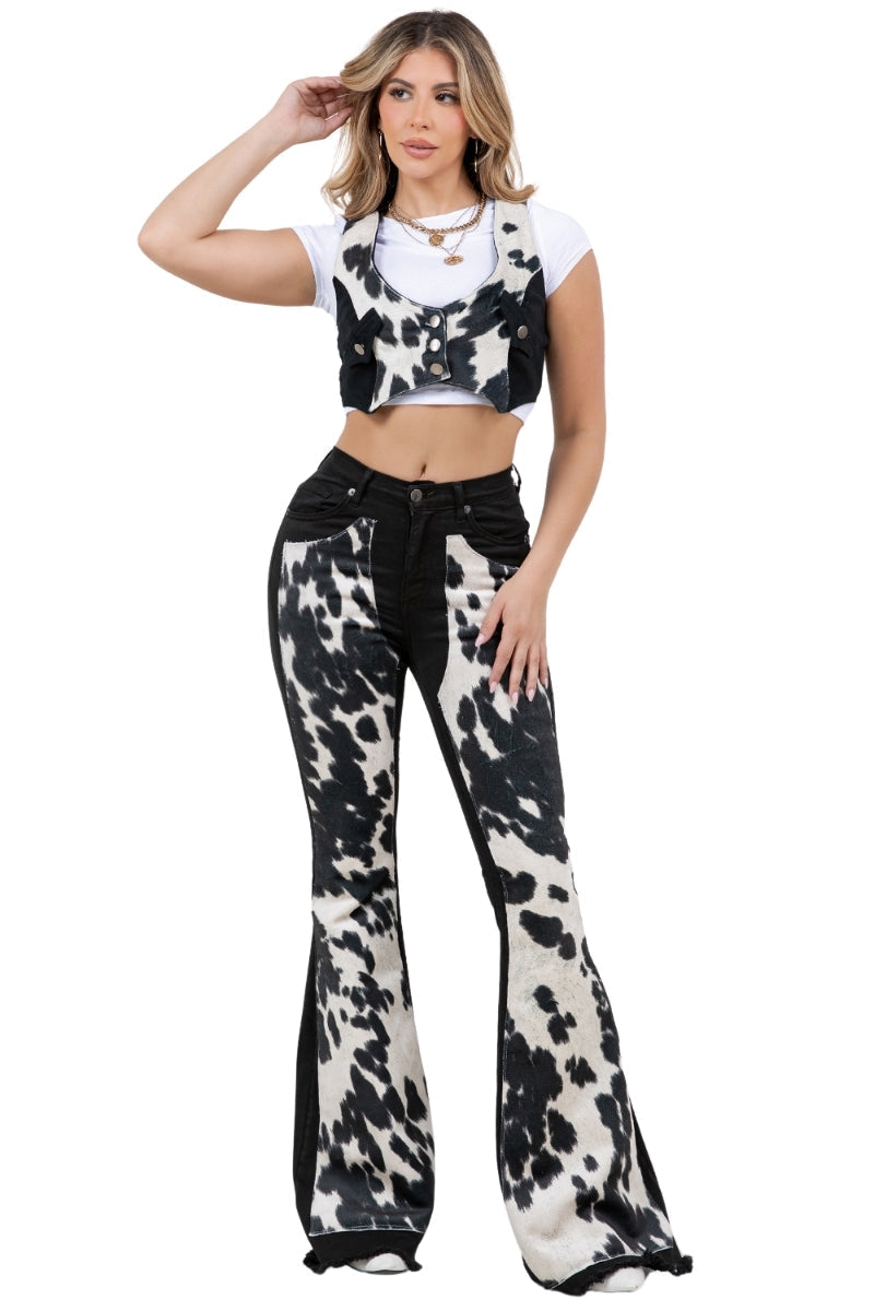 Rodeo Faux Cowhide Chap Panel Bell Bottom Jeans -Black Denim GJG DENIM