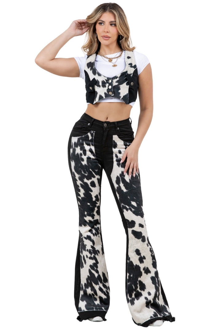 Rodeo Faux Cowhide Chap Panel Bell Bottom Jeans -Black Denim GJG DENIM