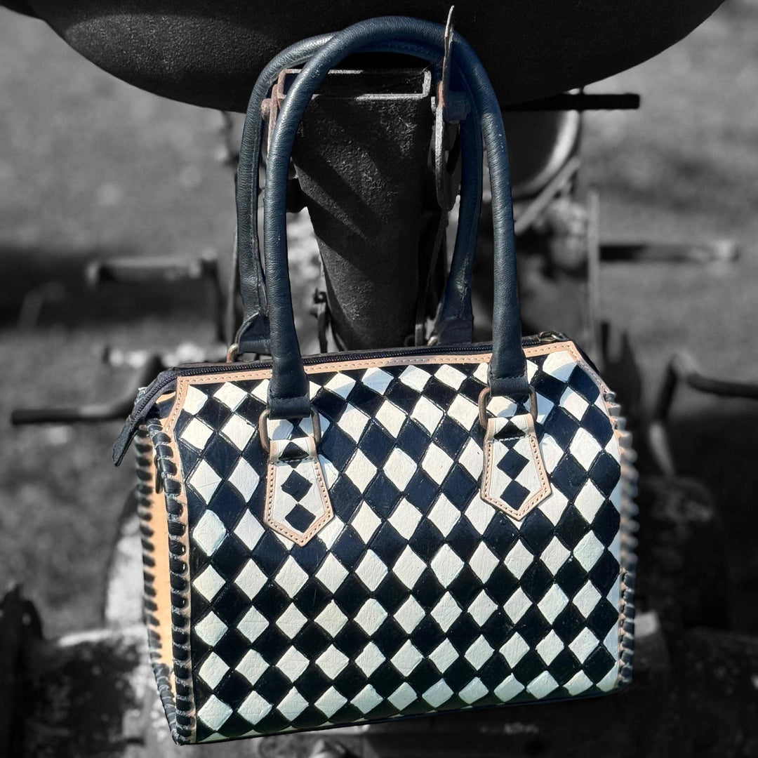 Black and White Speedy Checkered Genuine Western Cowhide Leather Purse Double B Wild Rags