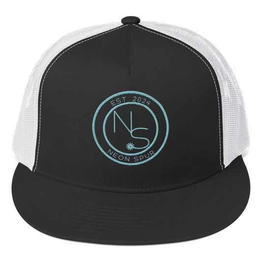 Neon Spur Silver Ice Blue Embroidered Logo Flat Bill Trucker Snapback Cap