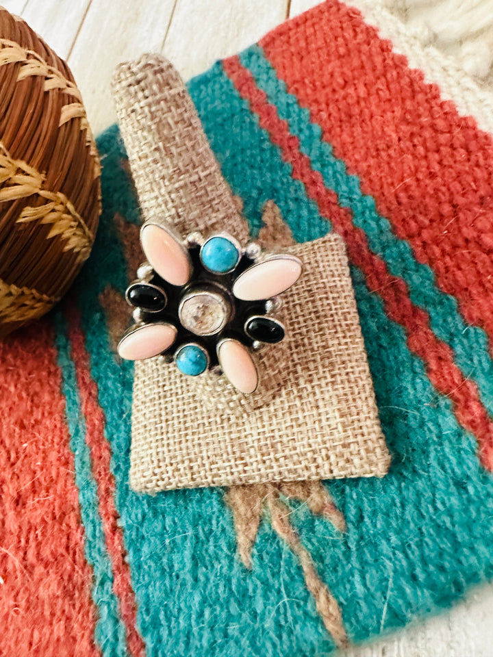 Handcrafted Queen Pink Conch, Onyx, Turquoise & Sterling Silver Adjustable Ring by Jacqueline Silver