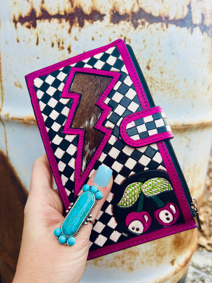 Pink Electric Rodeo Checkers Long Wallet Neon Spur