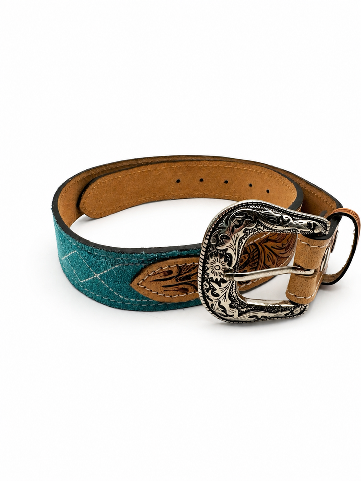 Western Stitch Genuine Suede & Hand Tooled Leather Belt -Turquoise Neon Spur