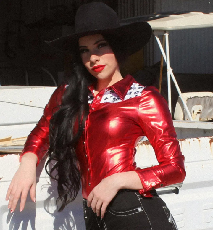 Ruby Rod Shirt High Stakes Ruby Red Metallic Pearl Snap Rodeo Shirt - Neon Spur