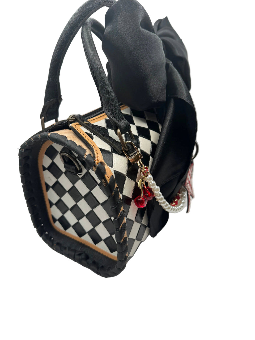 Genuine Leather Black and White Checkered Speedy Handbag