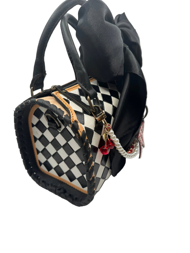 Genuine Leather Black and White Checkered Speedy Handbag