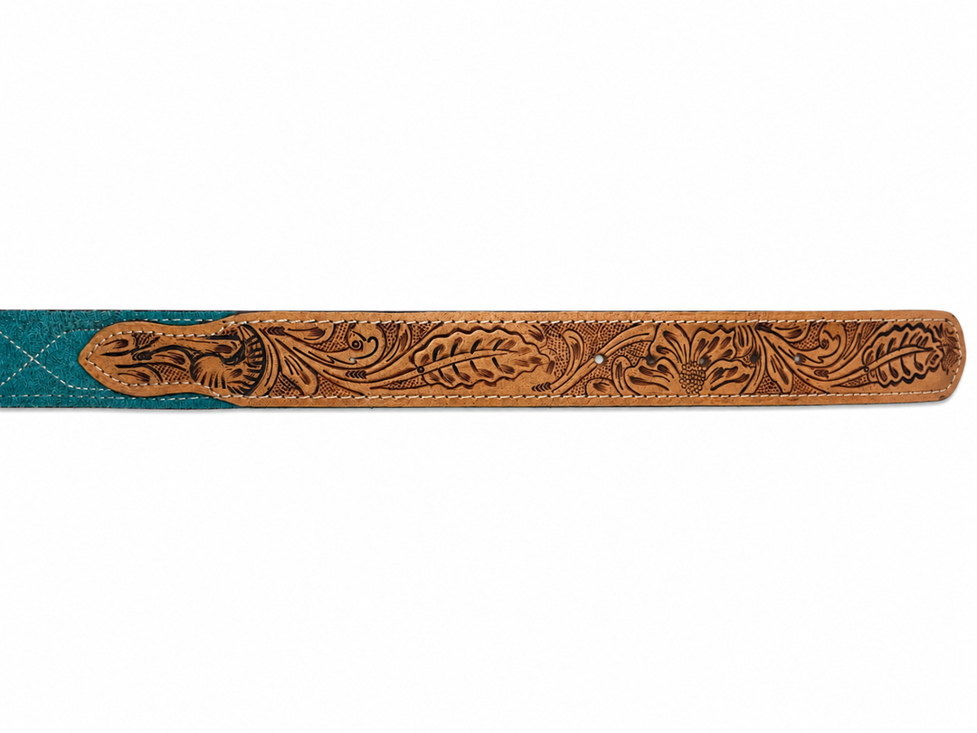 Western Stitch Genuine Suede & Hand Tooled Leather Belt -Turquoise Neon Spur