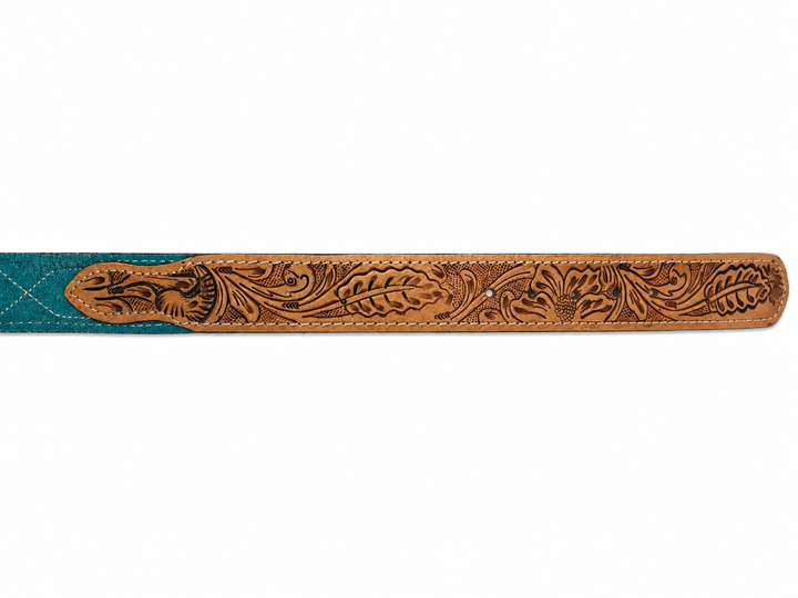 Western Stitch Genuine Suede & Hand Tooled Leather Belt -Turquoise Neon Spur
