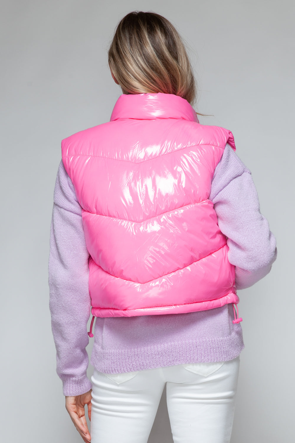 Shiny Neon Pink Zip Up Turtleneck Quilted Vest