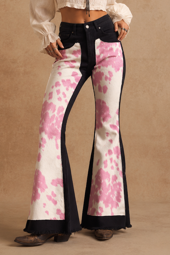 Pink Faux Hide Chap Panel Rodeo Bell Bottom Jeans GJG DENIM